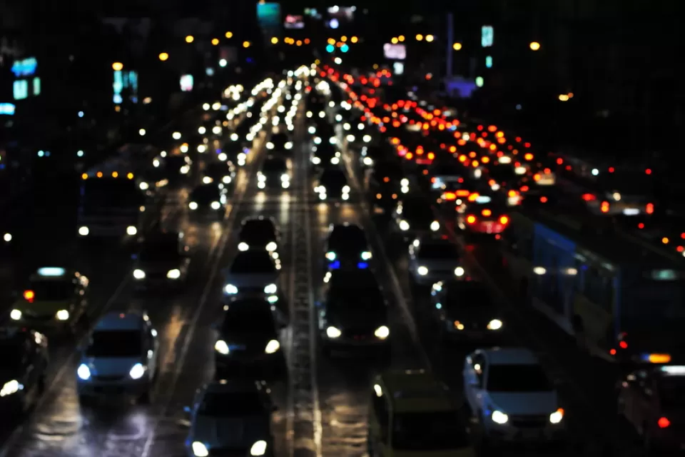 Blurred night view of gridlocked traffic on freeway